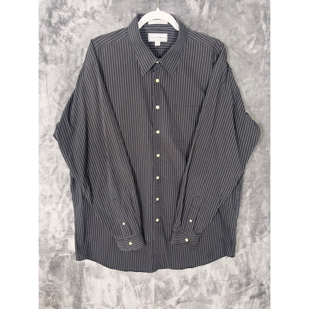 Paul Fredrick Mens Black Pinstripe Non-Iron Cotton Dress Shirt 17.5 37